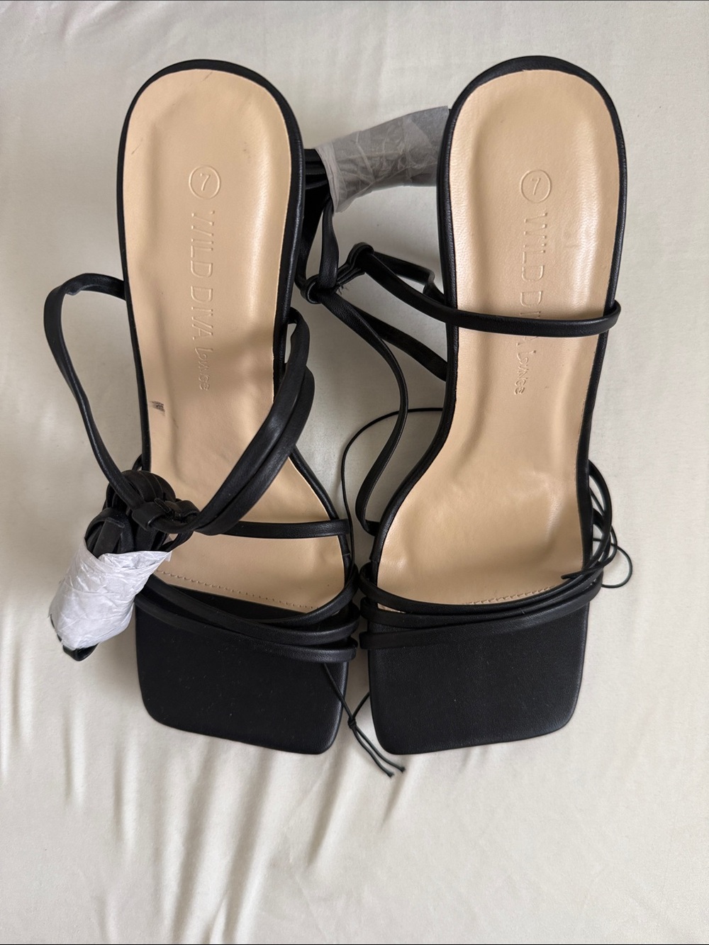 Wild Diva Black Lace-Up Square Toe Strappy Heels
